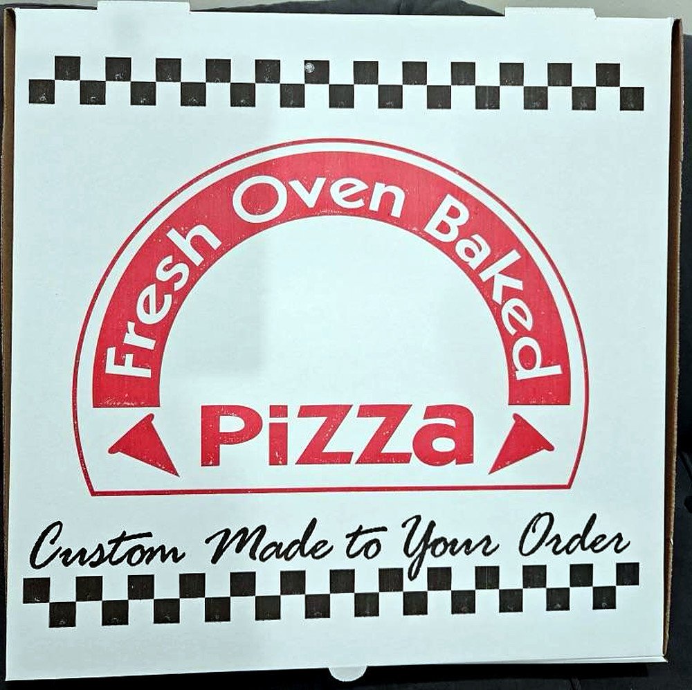 GE-GE Pizzeria pizza box: Fresh oven baked pizza, custom made to your order